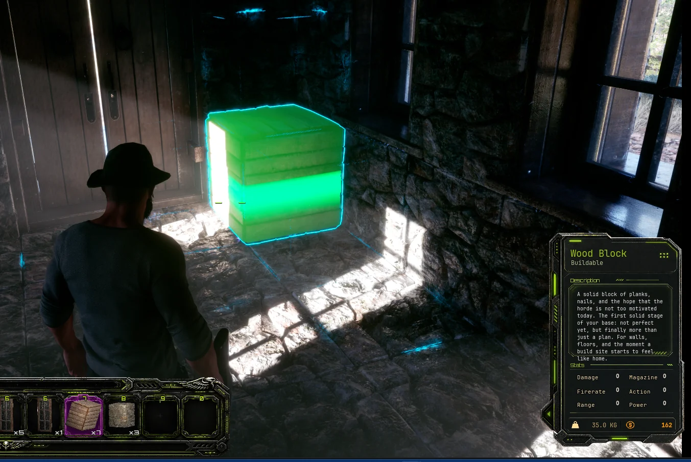 Wood block placement preview in a lit stone interior